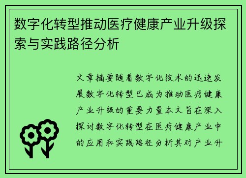 数字化转型推动医疗健康产业升级探索与实践路径分析 数字化转型推动医疗健康产业升级探索与实践路径分析